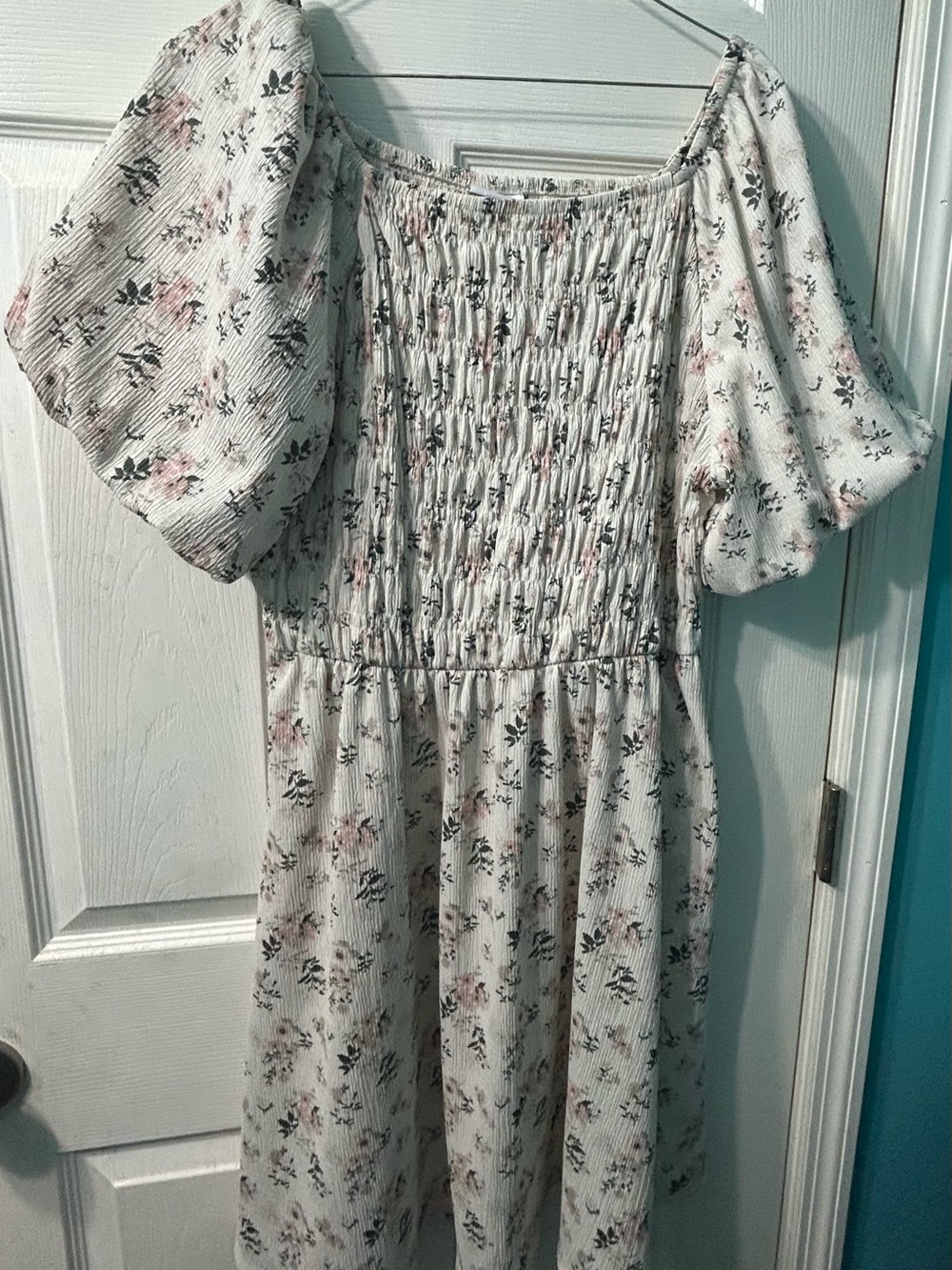 LuLaRoe Floral Smocked Midi Dress in Cream, Pink, and Green